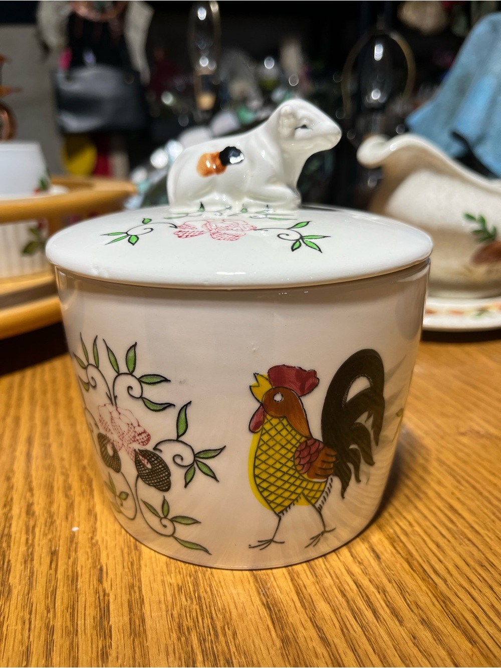Porcelain Rooster Lidded Canister - White with Multicolor Rooster